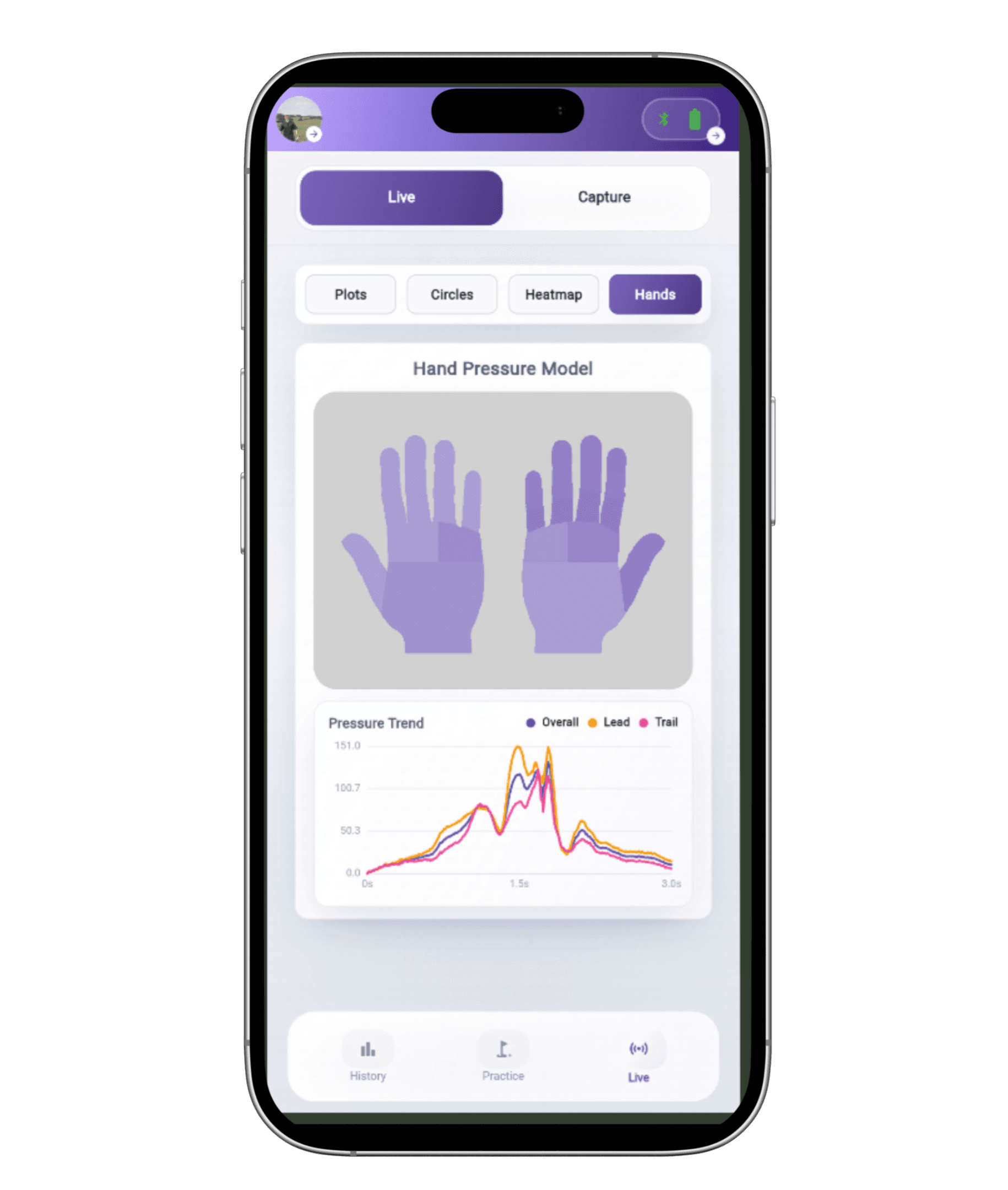 Mulli app showing strong and weak grip pressure distribution